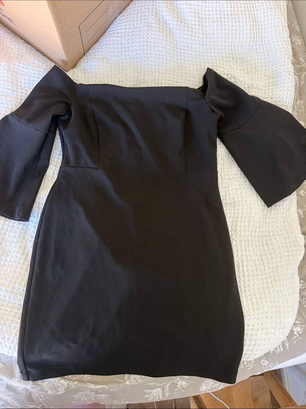 Cynthia Steffe Black Off-the-Shoulder Mini with Bell Sleeves